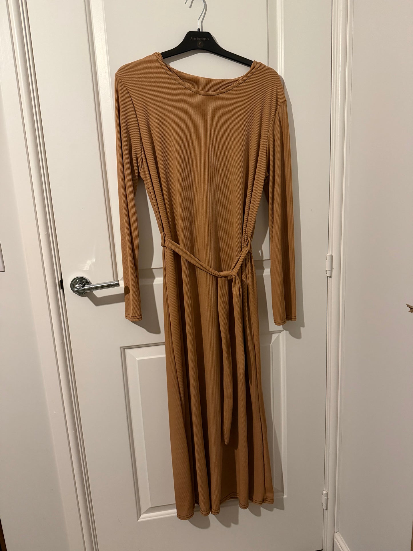 Camel Ribbed Tie Waist Midi Dress