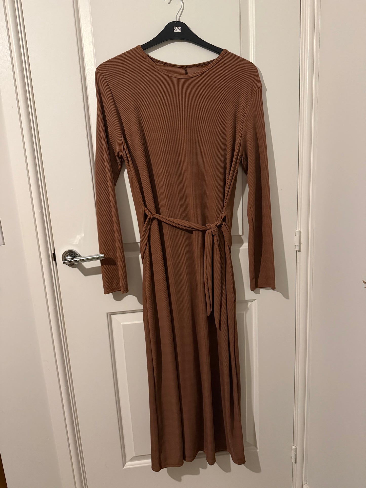 Camel Ribbed Tie Waist Midi Dress