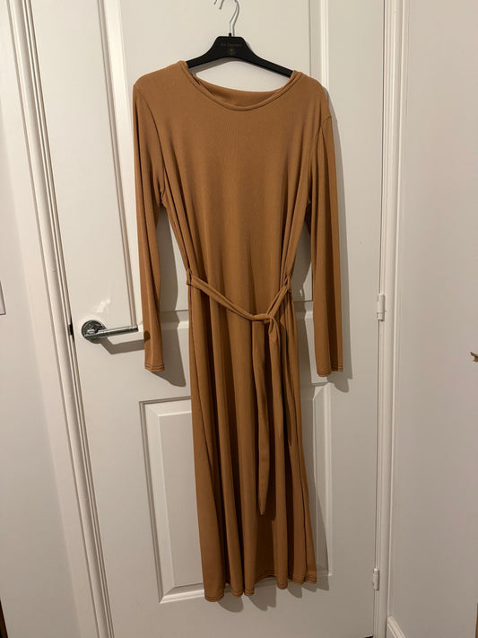 Camel Ribbed Tie Waist Midi Dress