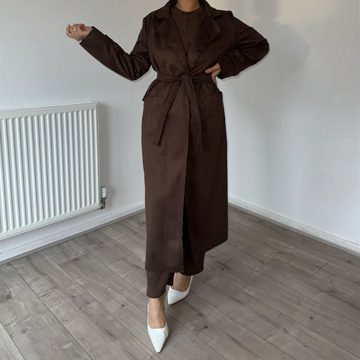 Suede belted trench coat